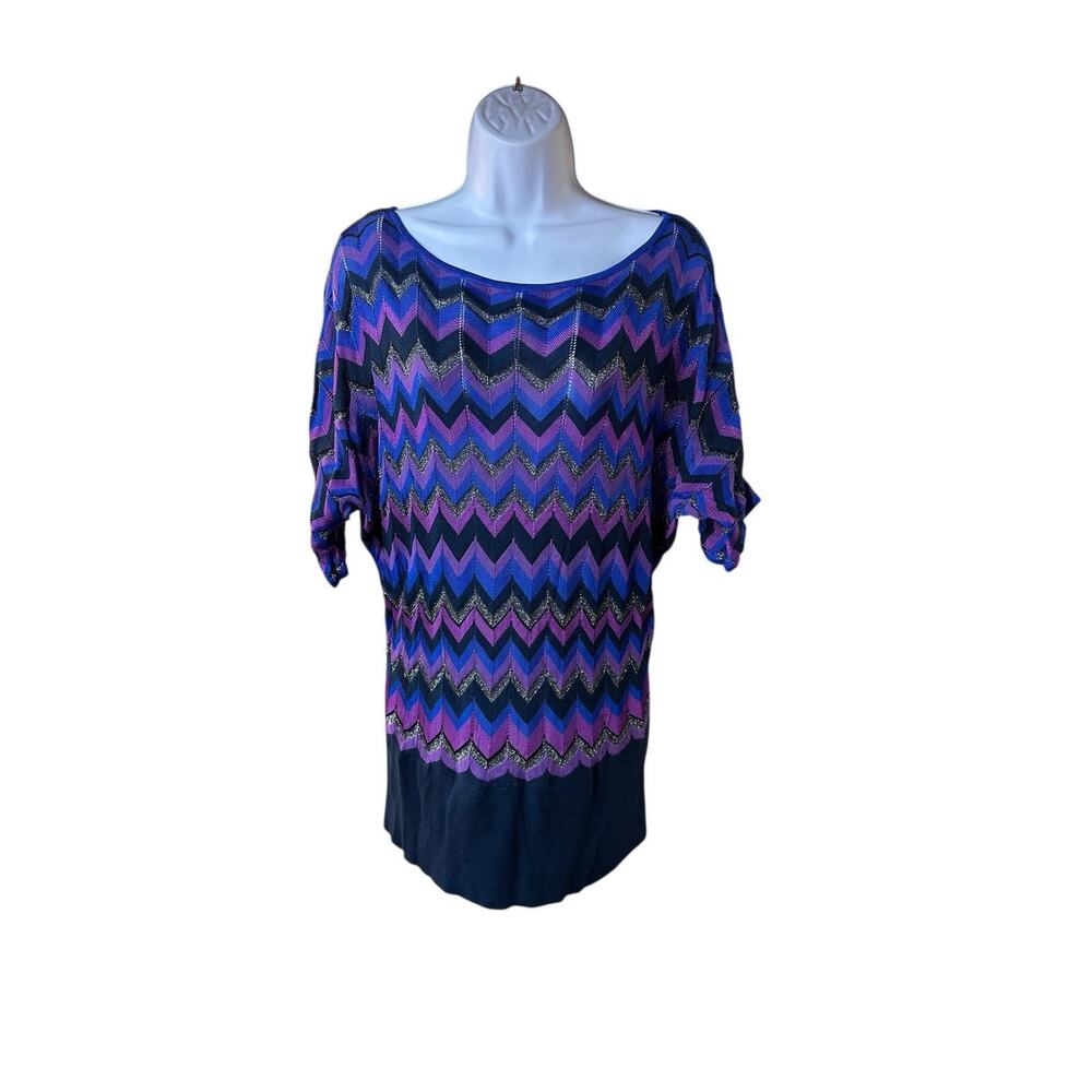 Cache Metallic Chevron Knit Top Sz L Purple Blue Gold Y2K Glam Batwing NWT
